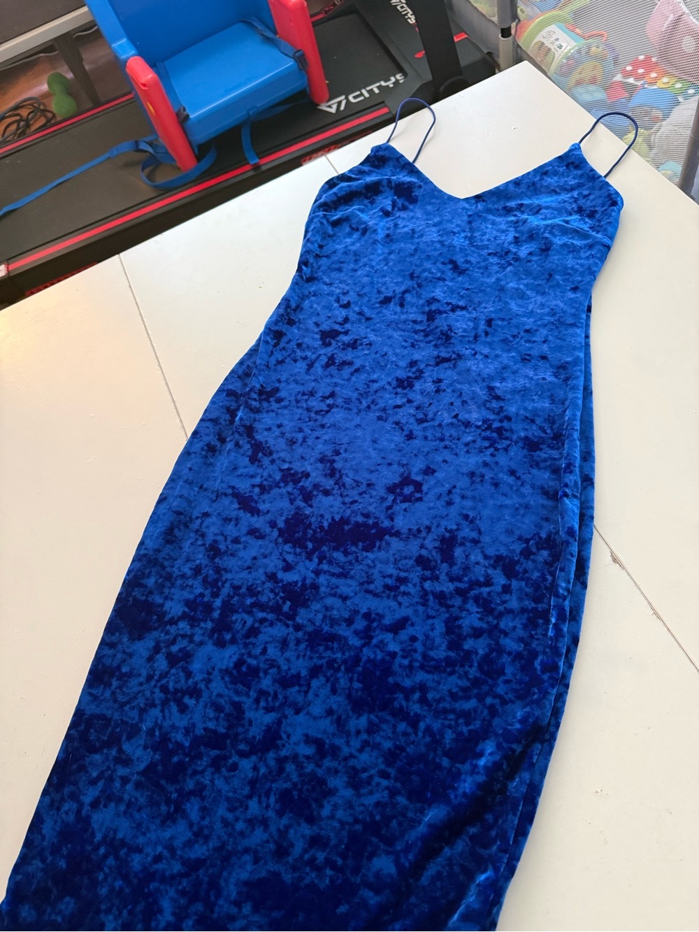 Forever 21 Royal Blue Crushed Velvet Midi Dress Spaghetti Straps Rich Texture - Picture 2 of 6